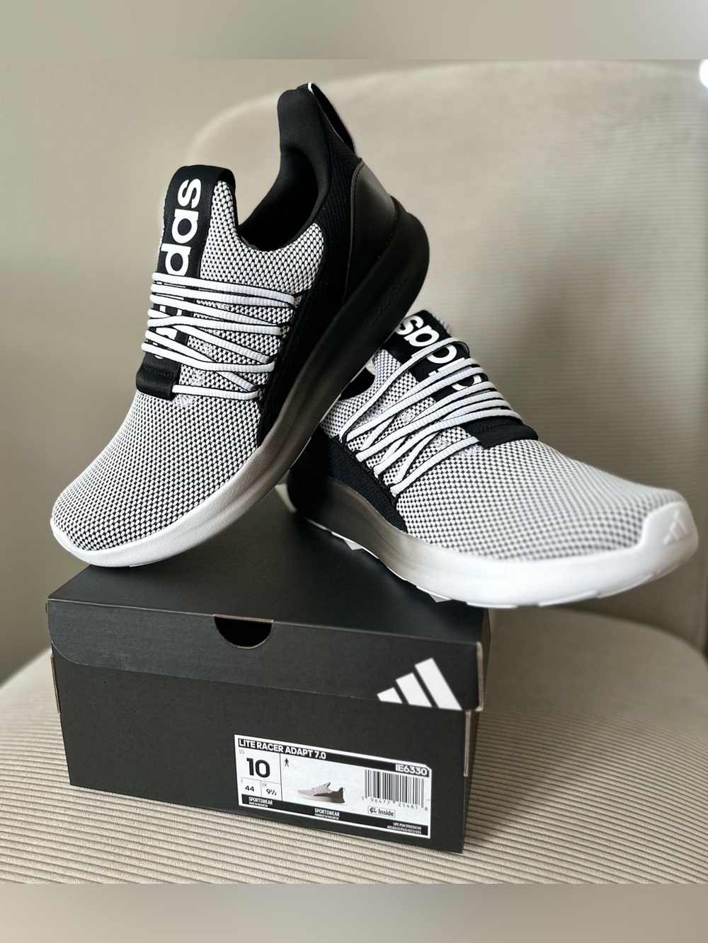 (NEW) Adidas Men's Lite Racer Adapt 7.0 Running Shoes - “white/black” size 10